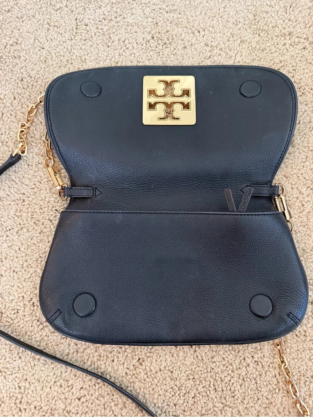 Tory Burch Black Leather Crossbody Bag with Gold Logo and Chain